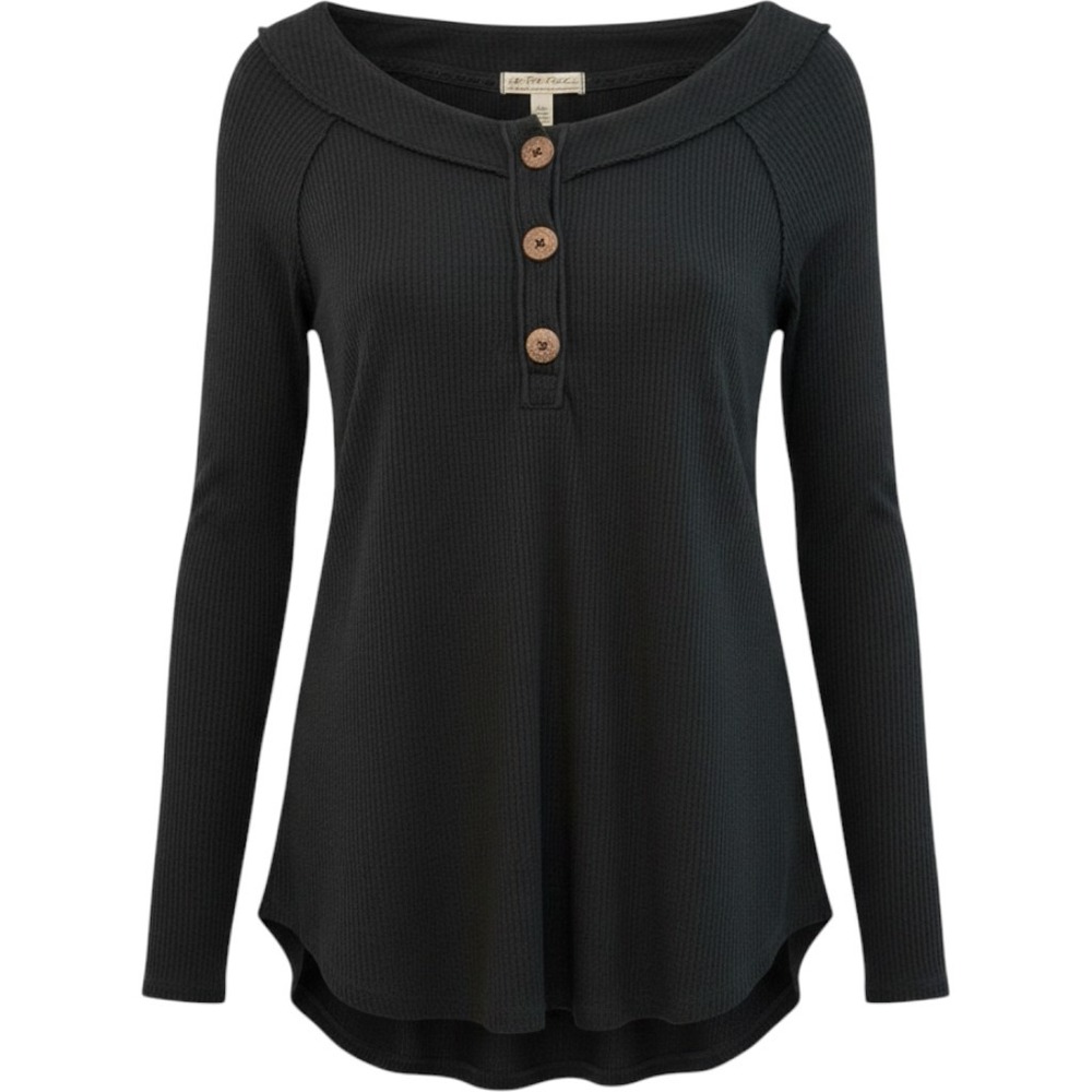 Free People Size XS Black Long Sleeve Callisto Henley Waffle Knit‎ Tunic Top